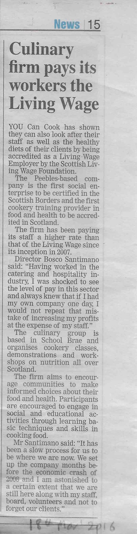 Press Clipping: Culinary firm pays its workers the Living Wage